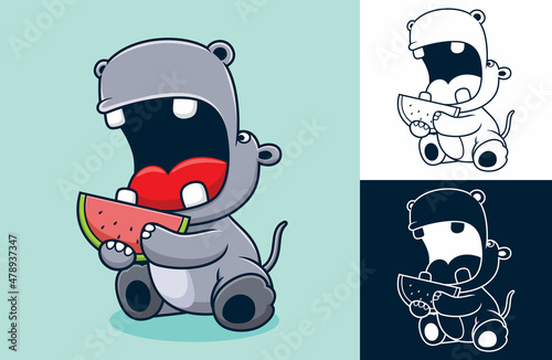 Funny hippo cartoon eating watermelon