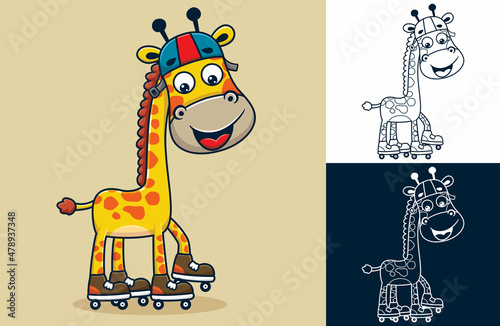 Funny giraffe playing roller skate