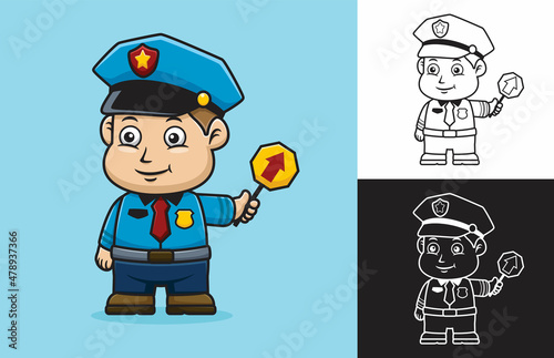 Cartoon boy in traffic cop uniform holding traffic sign