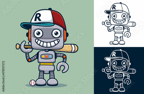 Funny robot cartoon wearing hat with baseball equipment