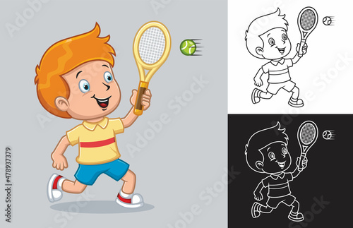 Cartoon boy playing tennis ball