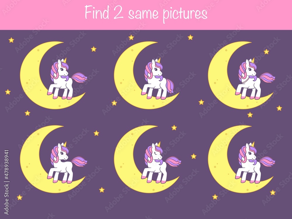 Find the same pictures - children educational game with different cute unicorns. Vector illustration Find the same pictures - children educational game with different cute unicorns. Vector illustration