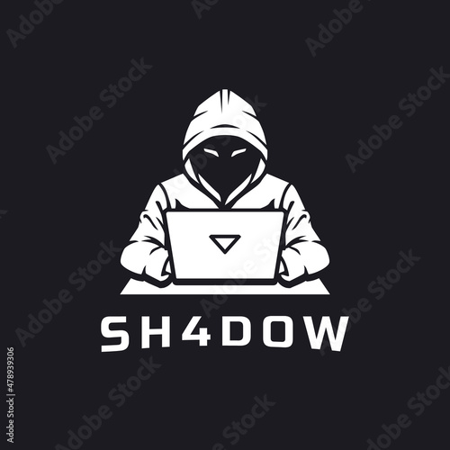 Hacker with laptop logo illustration template for label, badge, sign or advertising. Tech geek guy vector image.