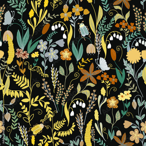 Vector wildflowers seamless pattern. Design of fabrics, covers, wallpapers, packaging, children's clothing.