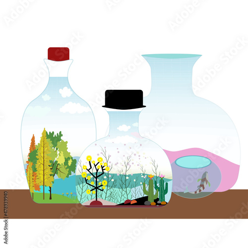 Clear glass bottle with yellow and green trees, a meadow, a clear river, a green mountain with a clear sky, a garden concept in a glass bottle. Plants in bottles. Terrariums with tree.
