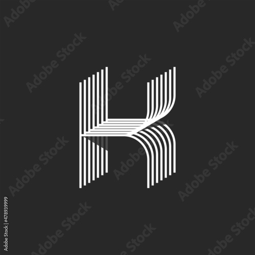 Creative 3d letter K logo monogram, isometric parallel lines shapes, linear typography design sample.