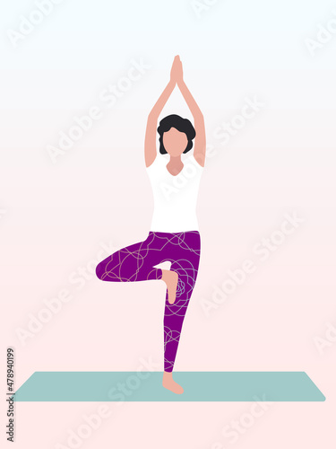 A woman practices yoga in a tree pose or Vrikshasana. Can be used for poster, banner, flyer, postcard, website.