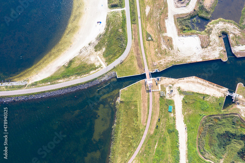 Aerial view of the new development area of ​​Zeewolde. construction of the largest data center in the Netherlands. Drone photography from the coast. Flevoland, Netherlands