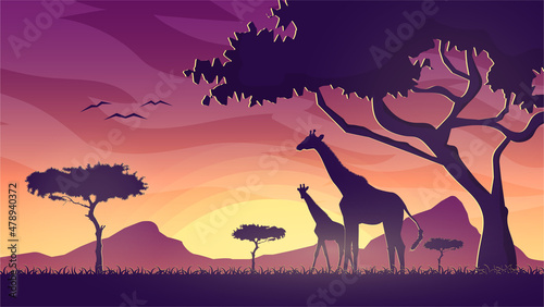 Hand Drawn Flat Safari at Sunset with Giraffes Wallpaper