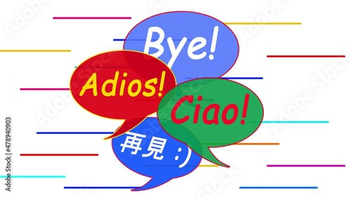 Bye Word in Different Language In Speech bubble. on white background. Animated talking babbles. Bye-bye Concept   photo