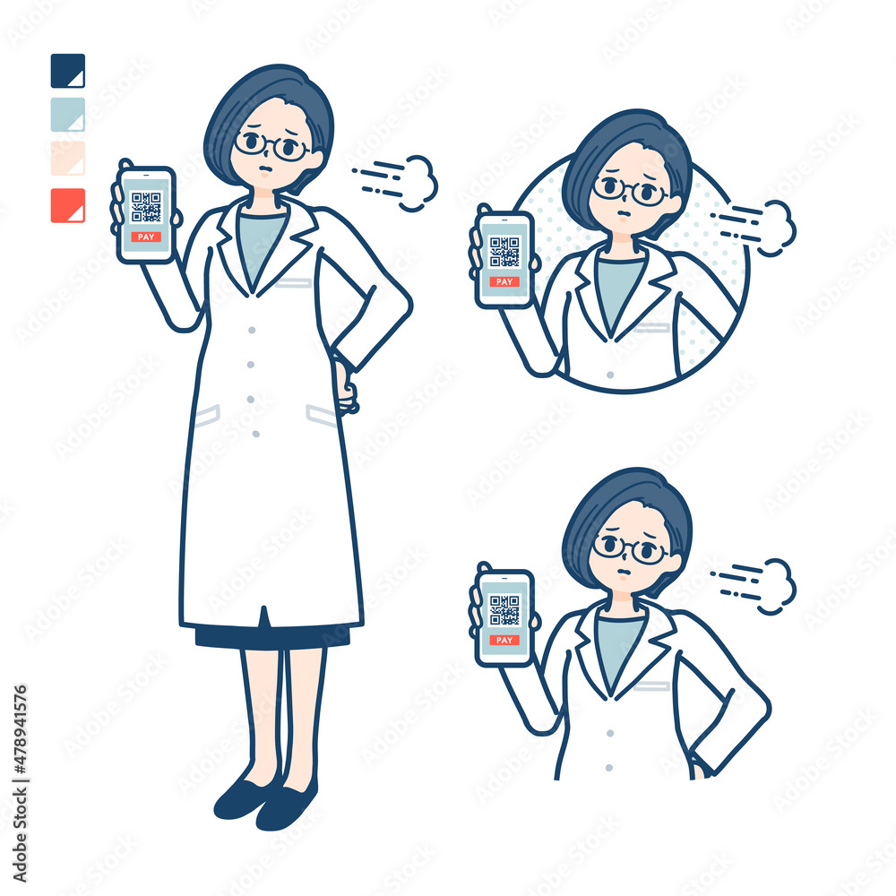白衣を着た女性医師が困った顔でスマートフォンでキャッシュレス決済しているイラスト