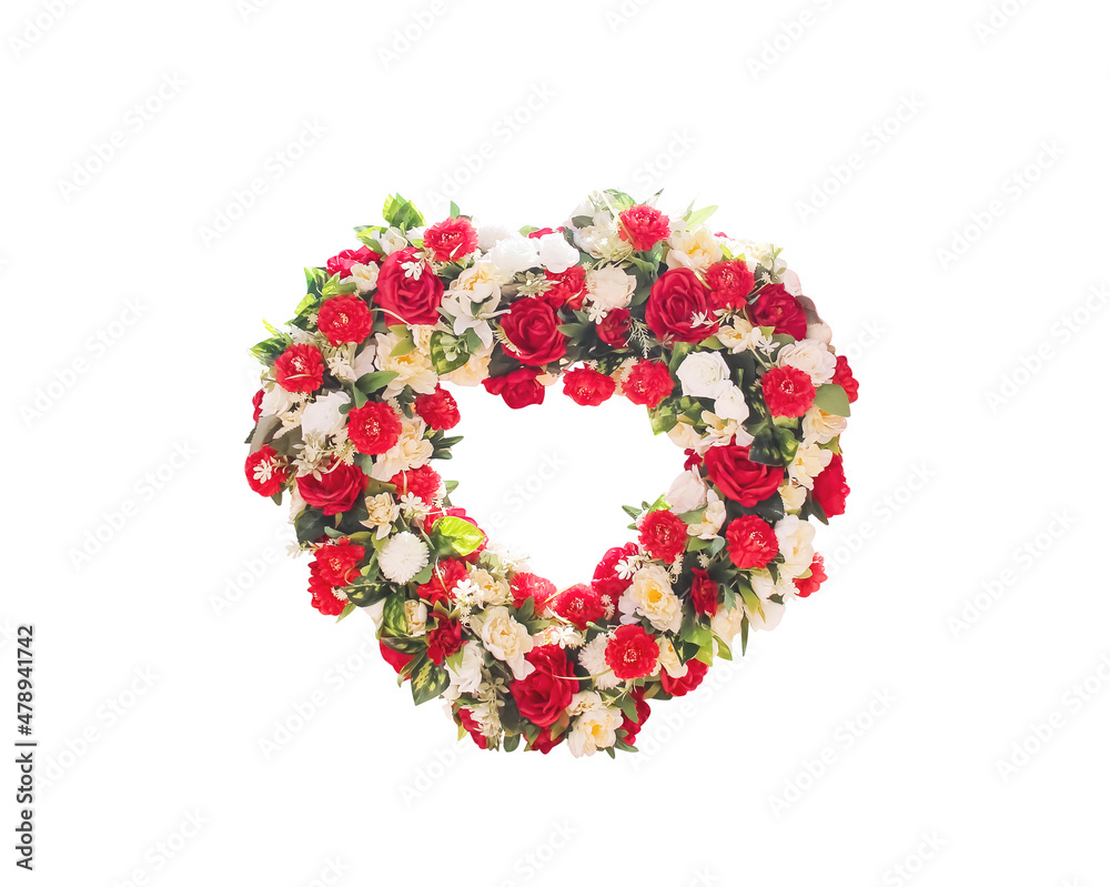 Heart shape blossom patterns with red rose and white flower blooming isolated on white background , clipping path for Wedding , mothers day or Happy Valentine's Day
