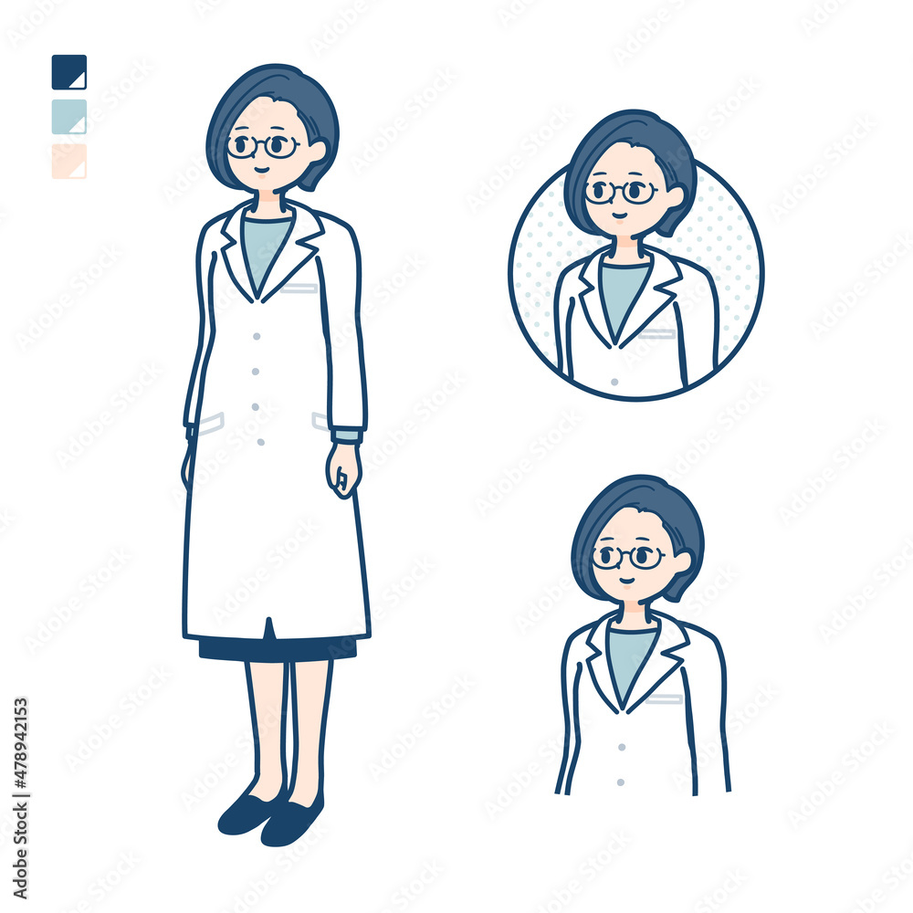 白衣を着た女性医師が横を見ているイラスト