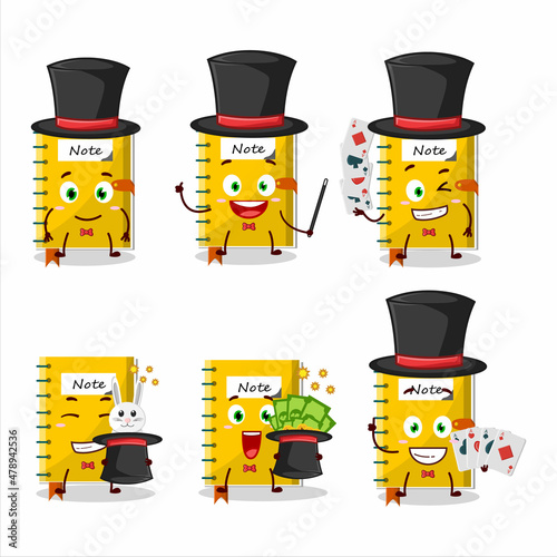 A note book Magician cartoon character perform on a stage