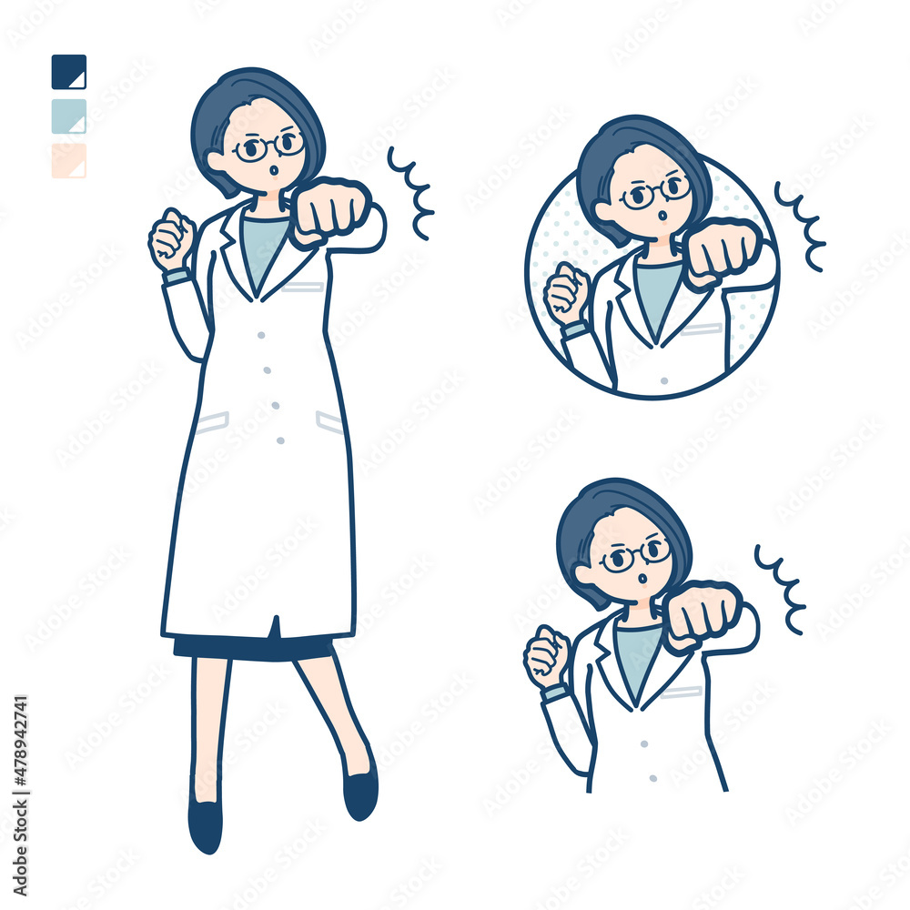 白衣を着た女性医師が正面にパンチしているイラスト