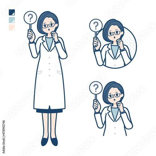 白衣を着た女性医師がクエスチョン印パネルを出すイラスト