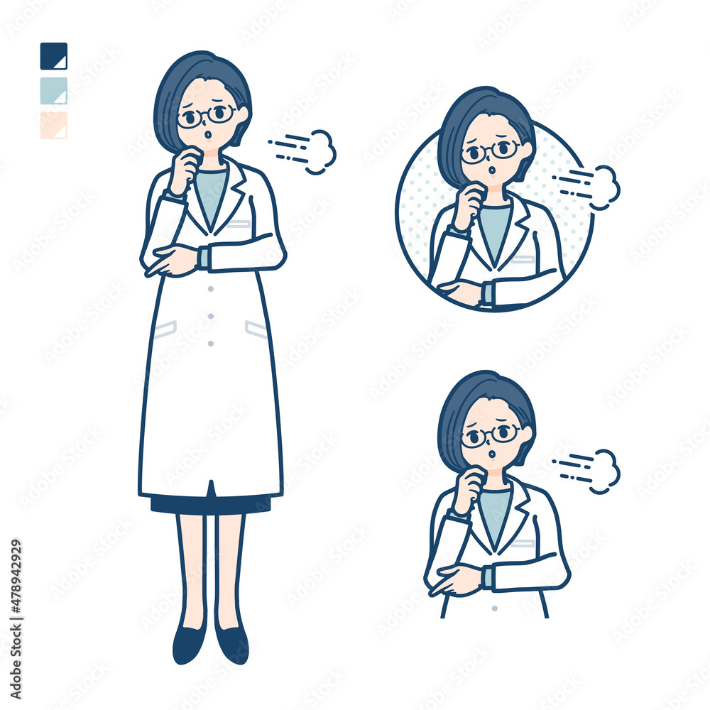 白衣を着た女性医師がため息をついているイラスト
