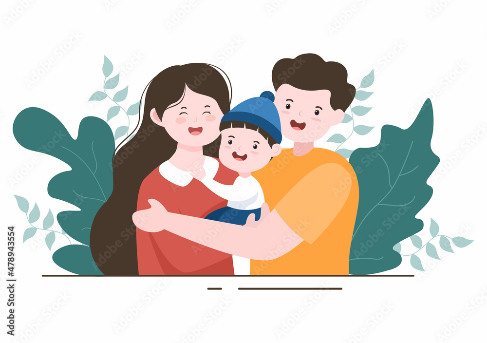 Parenting of Mother, Father and Kids Embracing Each Other in Loving Family. Cute Cartoon Background Vector Illustration for Banner or Psychology Parenting of Mother, Father and Kids Embracing Each Other in Loving Family. Cute Cartoon Background Vector Illustration for Banner or Psychology