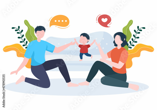 Parenting of Mother, Father and Kids Embracing Each Other in Loving Family. Cute Cartoon Background Vector Illustration for Banner or Psychology