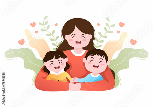 Parenting of Mother, Father and Kids Embracing Each Other in Loving Family. Cute Cartoon Background Vector Illustration for Banner or Psychology