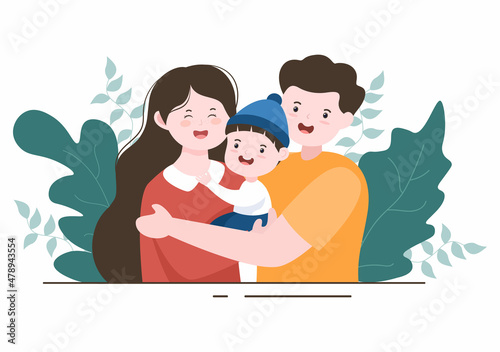 Parenting of Mother  Father and Kids Embracing Each Other in Loving Family. Cute Cartoon Background Vector Illustration for Banner or Psychology