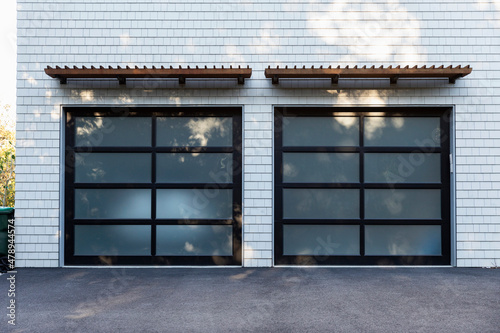 Exterior of two bay garage at modern home 