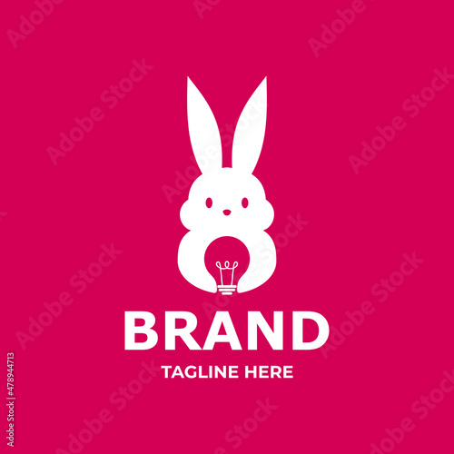 smart rabbit logo with lamp in negative style vector design template.