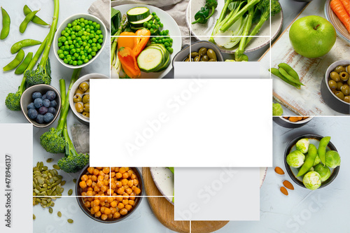 Collage made of Healthy plant based food, best protein source on light grey background.