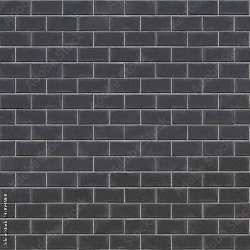 Enameled subway tile background, abstract texture of black brick, surface and ceramic wall design. Interior wall decoration mosaic close-up. 3D-rendering