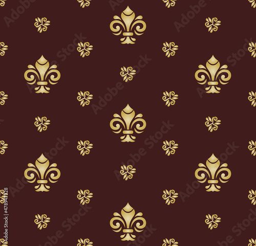 Seamless pattern. Modern geometric ornament with golden royal lilies. Classic vintage background