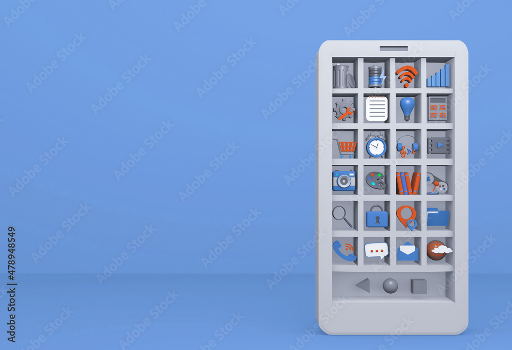 3 d Smartphone in the form of a cabinet with shelves and applications.The smartphone is white, the background is blue.Icons are pink and blue, three-dimensional visualization.The concept of multifunct