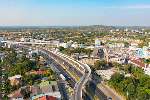 Aerial view of residential buildings, Ratchaburi skyline, Thailand. Urban city in Asia. Architecture landscape background.