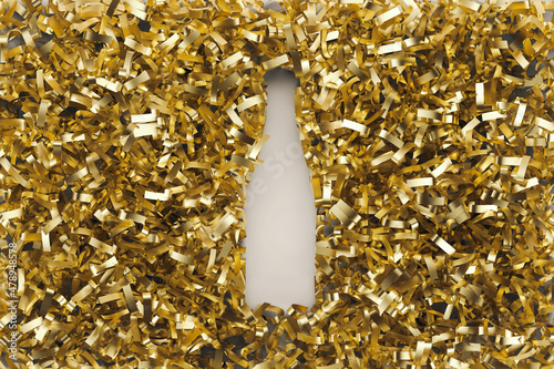 Champagne bottle surrounded by golden confetti