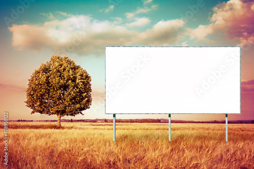 A blank advertising billboard in a wheat field - Toned image with copy space