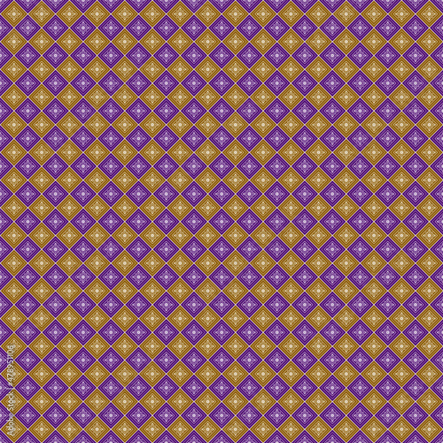 Vector Seamless Pattern : rhombus layout seamless pattern with gold and purple colors including with the object lookalike flowers decorate with curves