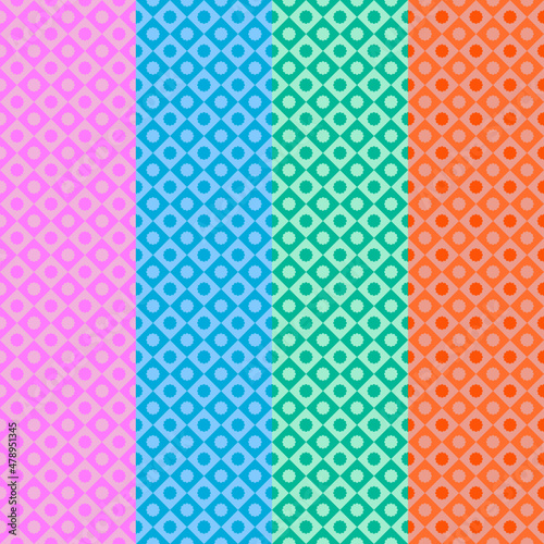 Vector Seamless Pattern : 4 column of different colors pattern with geometry shapes circle, rhombus, rectangle, square with curves