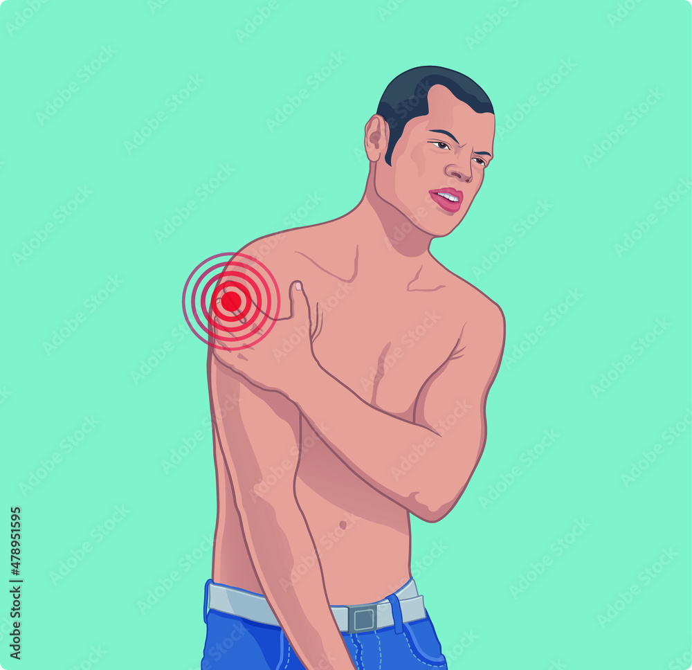 Fototapeta premium Man with pain at injection site after getting COVID-19 vaccine vector illustration.