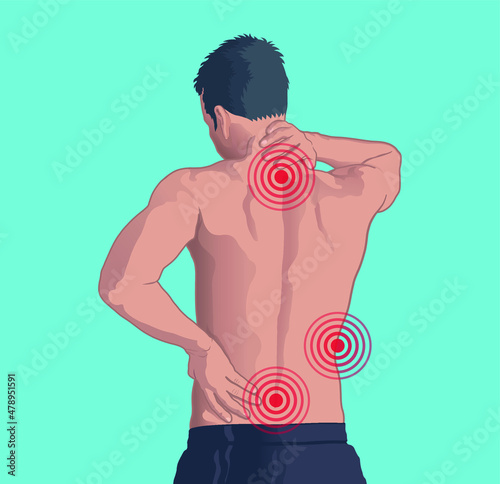 Shirtless man with back and neck pain vector illustration.