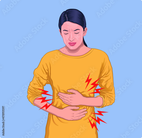 Young woman with stomach ache and abdominal pain vector illustration.