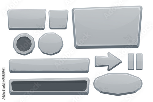 Stone buttons collection, set of rock assets in cartoon style isolated on white background. Mineral detailed objects ui game interface, app pannel.