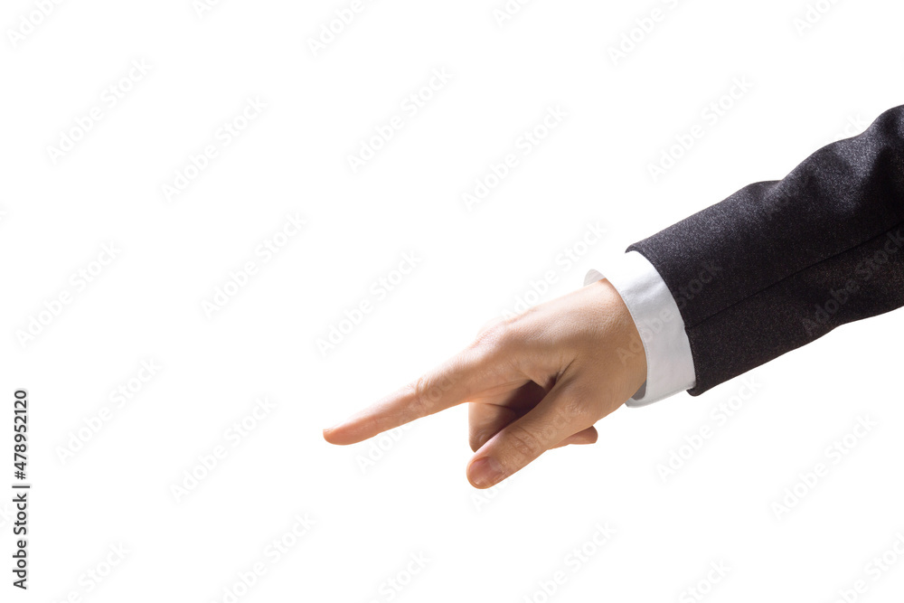 Command gesture. Human hand with index finger ahead in a sleeve of a business suit, close up, isolated on white. Command gesture. Human hand with index finger ahead in a sleeve of a business suit, close up, isolated on white.