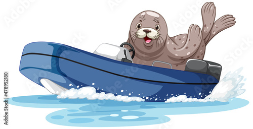 Seal on motor boat in cartoon style