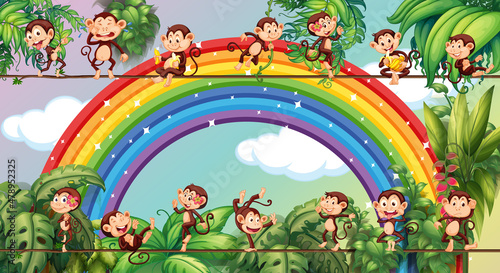 Different monkey cartoon characters on the rope on rainbow background