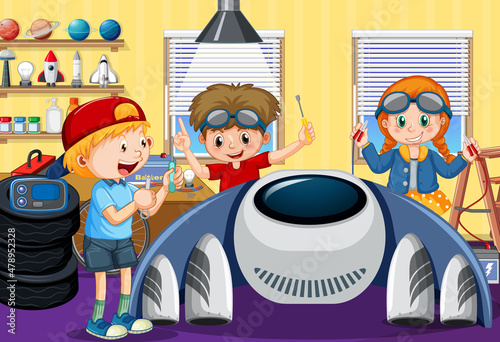 Scene with children repairing spaceship together