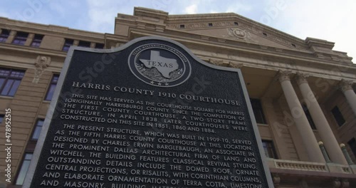 Low angle view of the Historic Harris County 1910 Courthouse in Houston, Texas