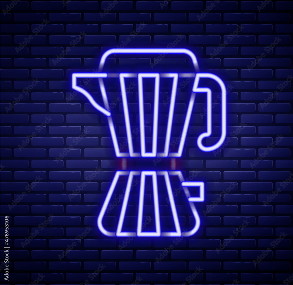 Glowing neon line Coffee maker moca pot icon isolated on brick wall background. Colorful outline concept. Vector Glowing neon line Coffee maker moca pot icon isolated on brick wall background. Colorful outline concept. Vector