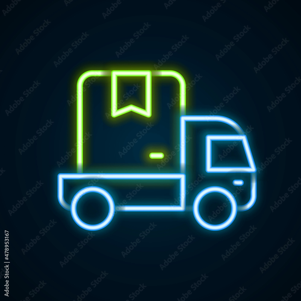 Glowing neon line Delivery cargo truck vehicle icon isolated on black background. Colorful outline concept. Vector Glowing neon line Delivery cargo truck vehicle icon isolated on black background. Colorful outline concept. Vector