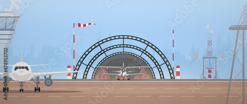 Airport with military aircraft, runway and flight control point. Cartoon style.