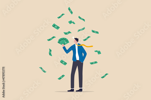 Earn money make profit from investment, savings, income or salary increase, get rich and earn more wealth concept, happy businessman millionaire holding easy money banknotes as financial success.