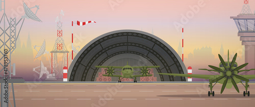 Airport with military aircraft, take-off strip and flight control point. Cartoon style.